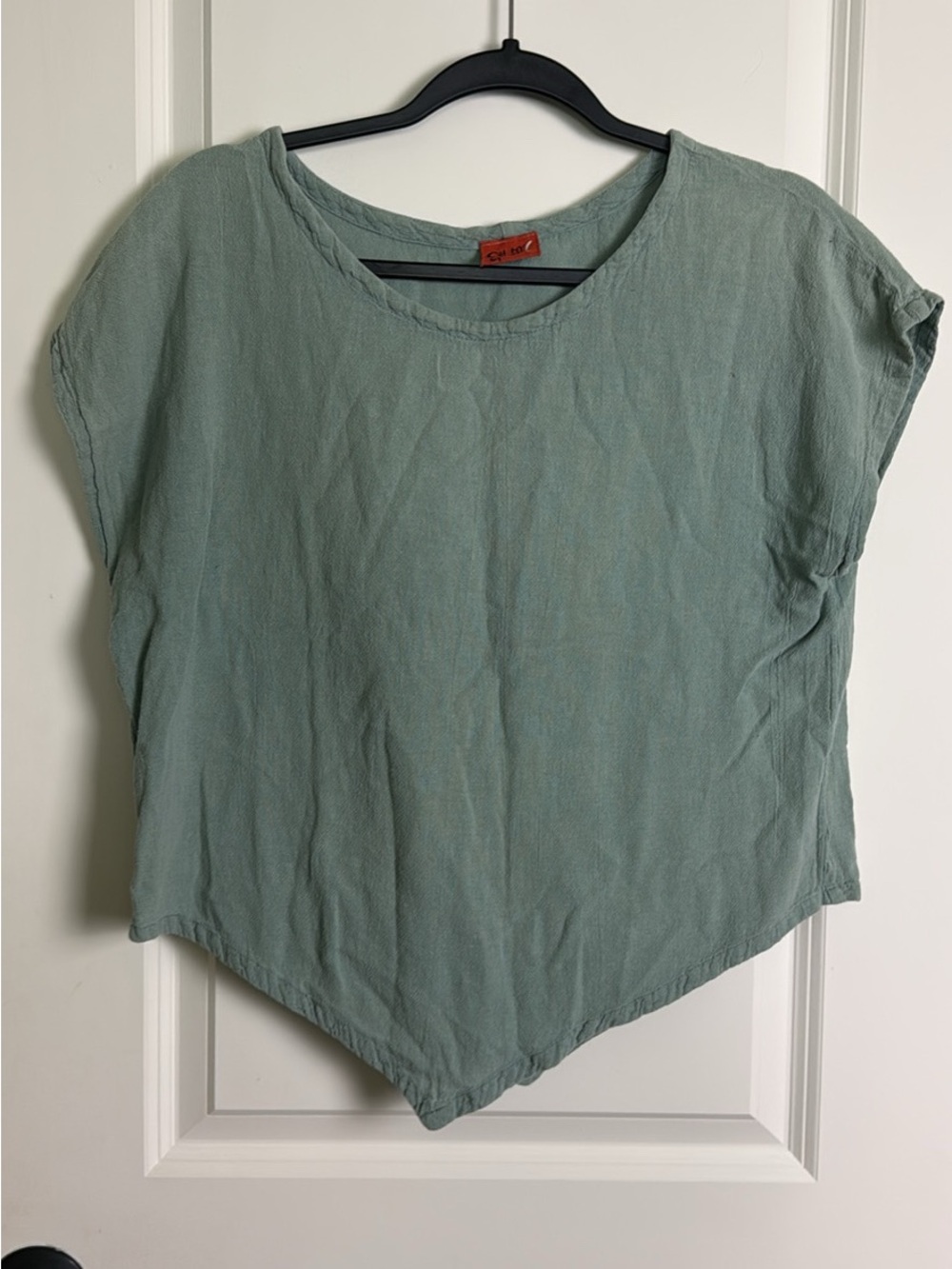 Oh My Gauze! Light Sage Pointed-Hem Short Sleeve Top